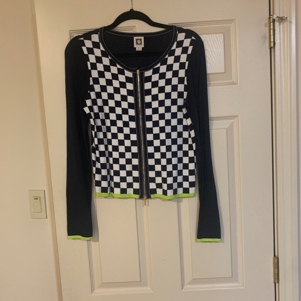 Anne Klein Navy Blue/White Check Cardigan Sweater sz S
